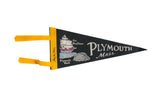 A black vintage felt pennant for Plymouth, Mass. with a yellow header, Mayflower ship, and Plymouth Rock graphic.