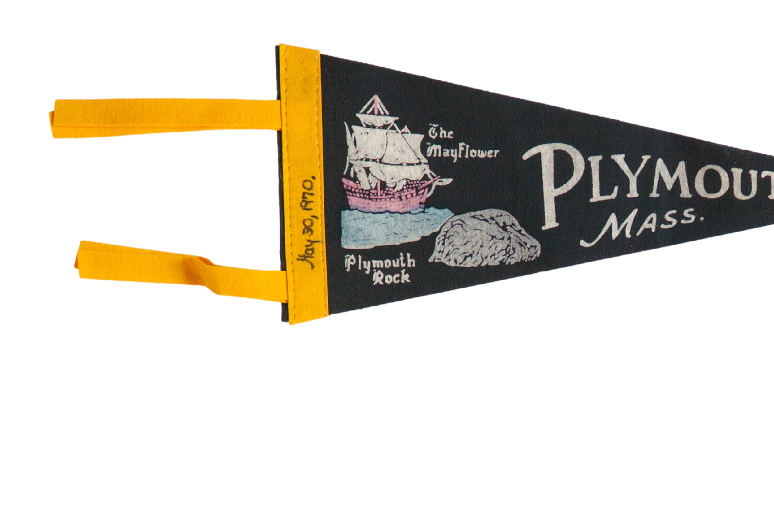 A handwritten date, May 30, 1970, on the golden-yellow header of the Plymouth pennant.