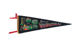Vintage Washington DC felt flag pennant with colorful graphics of landmarks on a dark blue field.