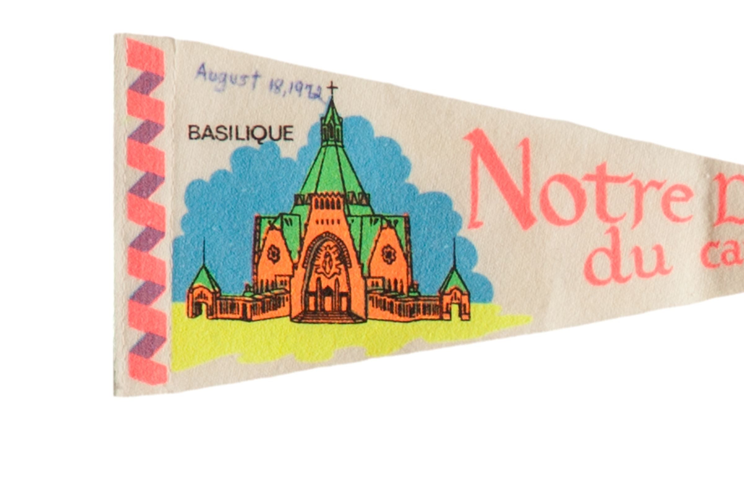 Handwritten 1972 date in ink above the colorful Basilica illustration on the vintage felt pennant.