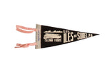 Vintage Les Iles de Sorel Quebec felt pennant in black with a white boat graphic and pink ties.