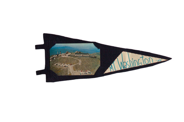 Vintage Mount Washington felt pennant featuring a summit postcard and handwritten 1971 date.