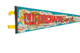 Handwritten 1972 date and Ferris wheel graphic on the stitched edge of a vintage souvenir pennant.