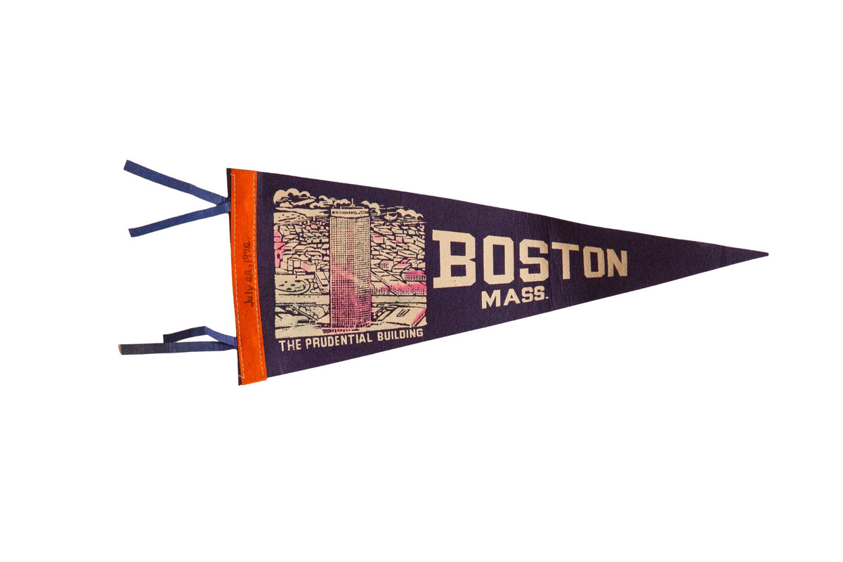 Vintage Boston felt pennant in deep indigo blue with a 1970s graphic of the Prudential Building.
