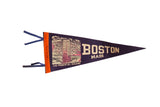 Vintage Boston felt pennant in deep indigo blue with a 1970s graphic of the Prudential Building.