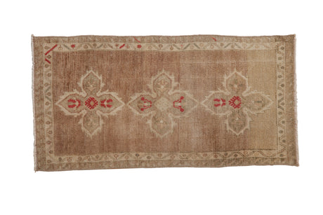 Distressed vintage Oushak runner, triple floral quatrefoil medallions, beige, sand, and cinnabar red, 1'8" x 3'5".