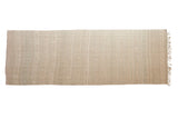 Distressed vintage Turkish Kilim runner, linear geometric pattern, subtle texture, muted beige and dusty blue.