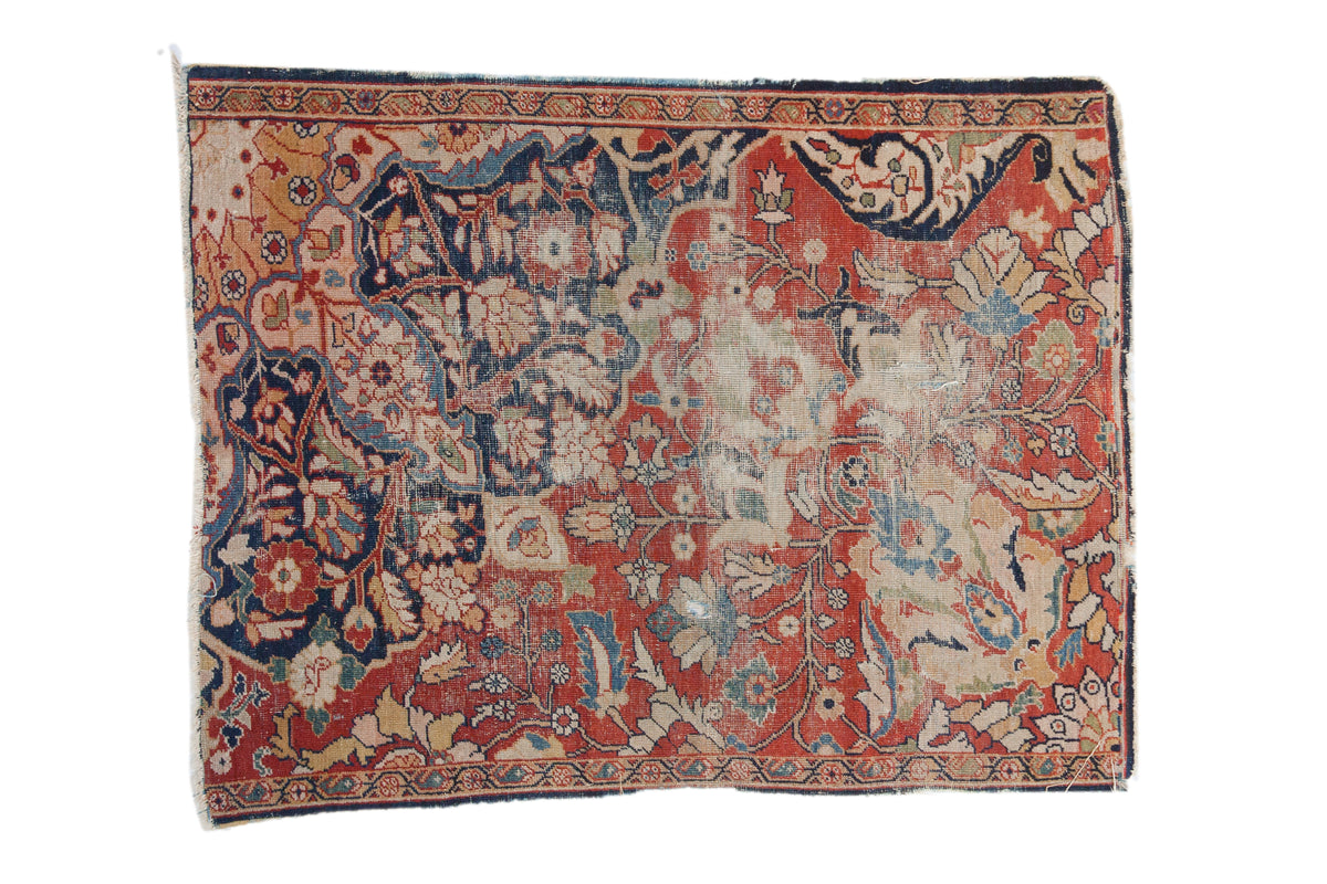 Antique Vagireh Sultanabad square rug, cherry red all-over faded floral arabesque with ivory, navy blue.