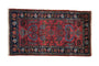 Vintage Persian Mehreban rug with raspberry red field, scrolling tendrils, blossoms, and navy Herati border.