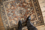 Traditional Persian Sarouk rug with chestnut field, blue and ivory floral motifs, feet for scale.