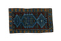 Vintage Distressed Turkish Kars rug with blue geometric medallions on a burgundy field, gold border.