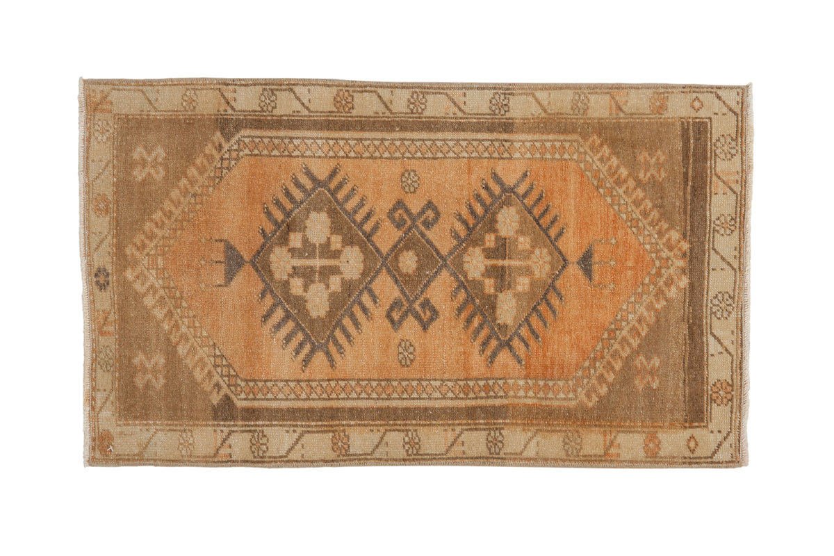 Distressed vintage Oushak rug, faded sandalwood double diamond medallion, coffee brown borders, 1'11" x 3'4".