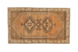 Distressed vintage Oushak rug, faded sandalwood double diamond medallion, coffee brown borders, 1'11