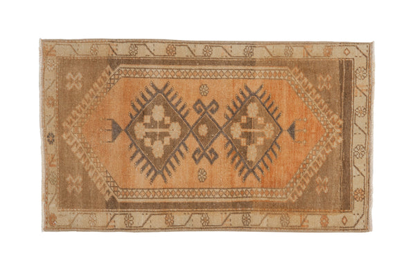Distressed vintage Oushak rug, faded sandalwood double diamond medallion, coffee brown borders, 1'11" x 3'4".