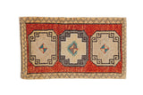 Distressed Kars rug mat with brick red field, ivory geometric triple medallions, 1'11