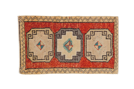 Distressed Kars rug mat with brick red field, ivory geometric triple medallions, 1'11" x 3'2".