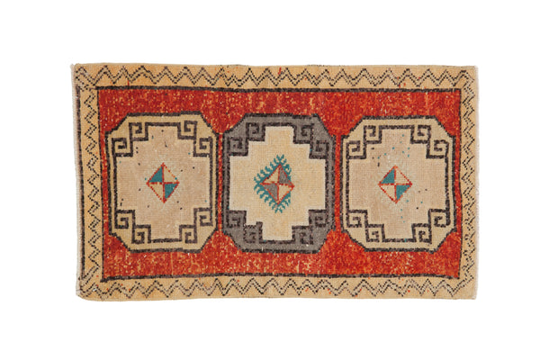 Distressed Kars rug mat with brick red field, ivory geometric triple medallions, 1'11" x 3'2".