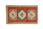 Distressed Kars rug mat with brick red field, ivory geometric triple medallions, 1'11" x 3'2".