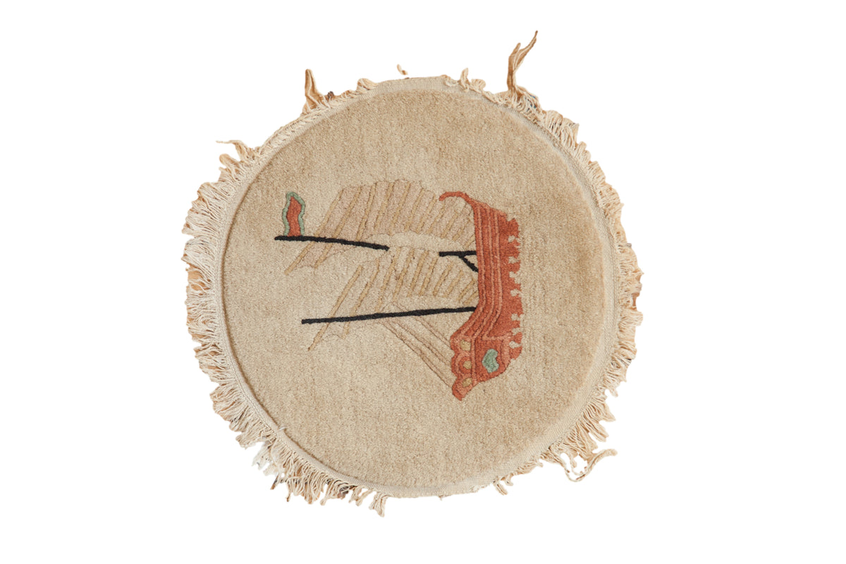 Hand knotted Chinese Art Deco round rug with pictorial sailboat motif on ivory, 1'6"x1'6".