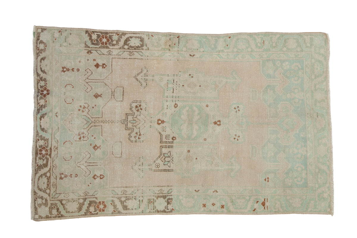 Vintage Distressed Oushak rug, cream and mint green geometric medallion with abrashes, 4'5" x 6'11".