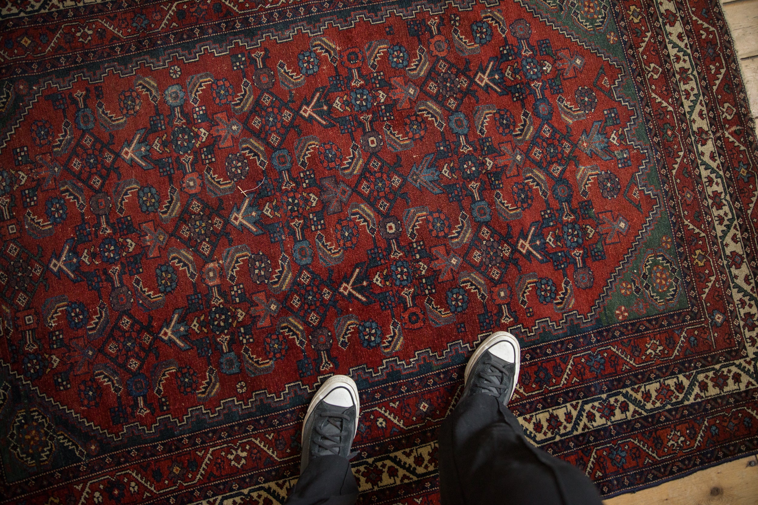 Antique Malayer rug detail: Herati motif in ruby red, sapphire blue, mallard green.