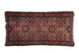 Vintage Lilihan rug with raspberry red, sapphire blue, teal green floral arabesque design.