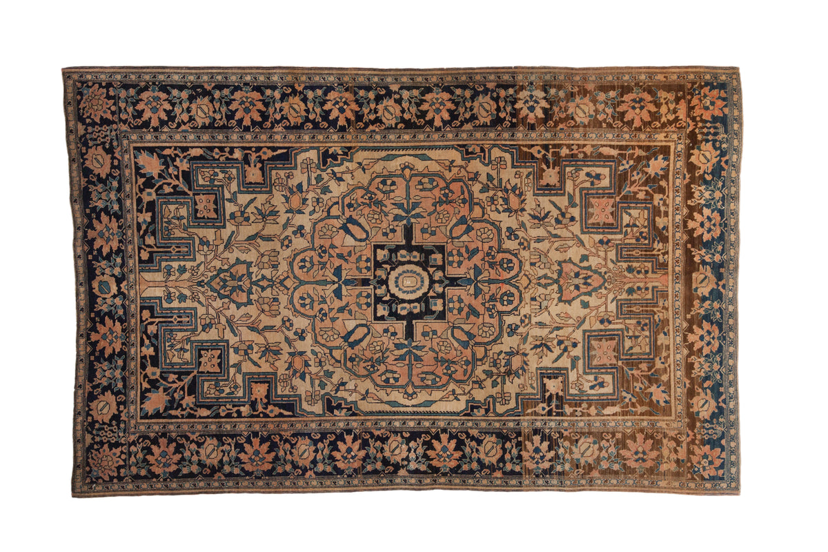 Antique Farahan Sarouk rug, scrolled medallion, geometric corners, ivory, blush, navy, 4'1" x 6'4".