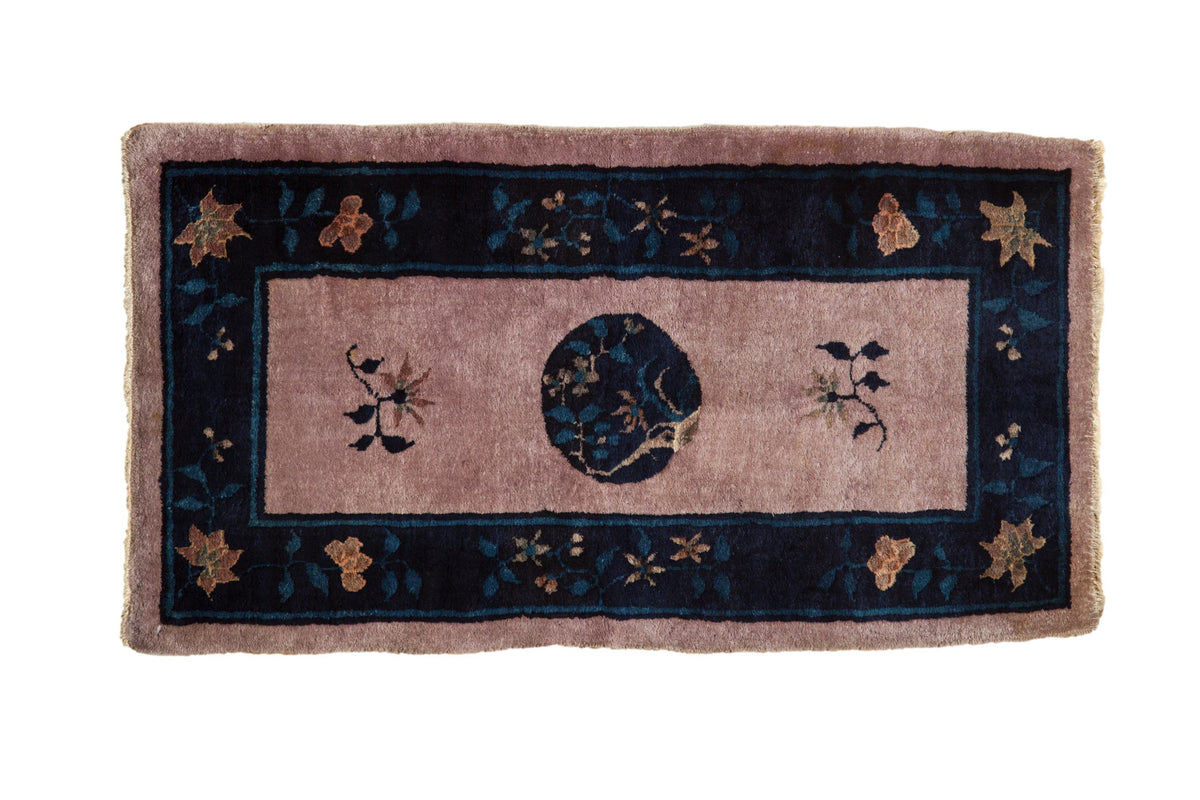 Antique Peking runner with rare mauve field, cobalt blue border, pictorial medallion, Art Deco transition.