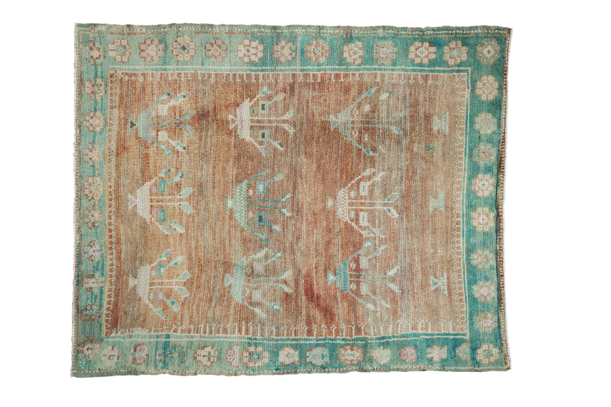 Vintage distressed Oushak square rug, faded copper, teal primitive design, 3'10" x 4'9".