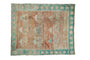 Vintage distressed Oushak square rug, faded copper, teal primitive design, 3'10" x 4'9".