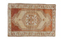 Distressed Oushak rug with copper and sand tones, geometric medallion and hook motif. 2'4" x 3'4".
