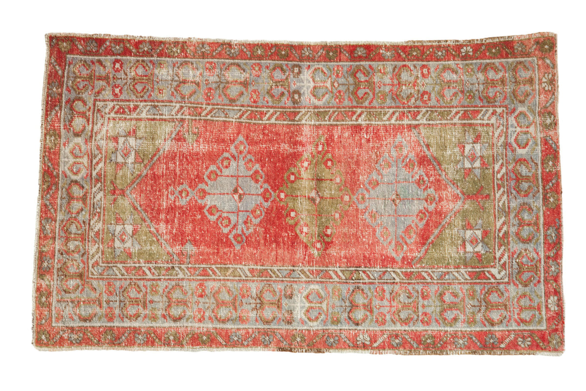 Vintage Distressed Oushak rug, triple medallions, soft red, oxidized silver, moss green.