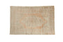 Distressed Vintage Oushak rug with elongated terra cotta medallion and soft neutral field, 4x6 feet.