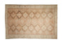 Distressed vintage Oushak carpet, faded peach, brown geometric zigzag diamond pattern, 6'6" x 9'10".