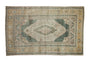 Vintage Distressed Oushak carpet, muted teal medallion, light beige and gold tones. 5'7" x 8'9".