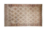 Distressed Kurd carpet: faded beige field, allover lattice pattern, brown border, pale red, green, 6'x10'.