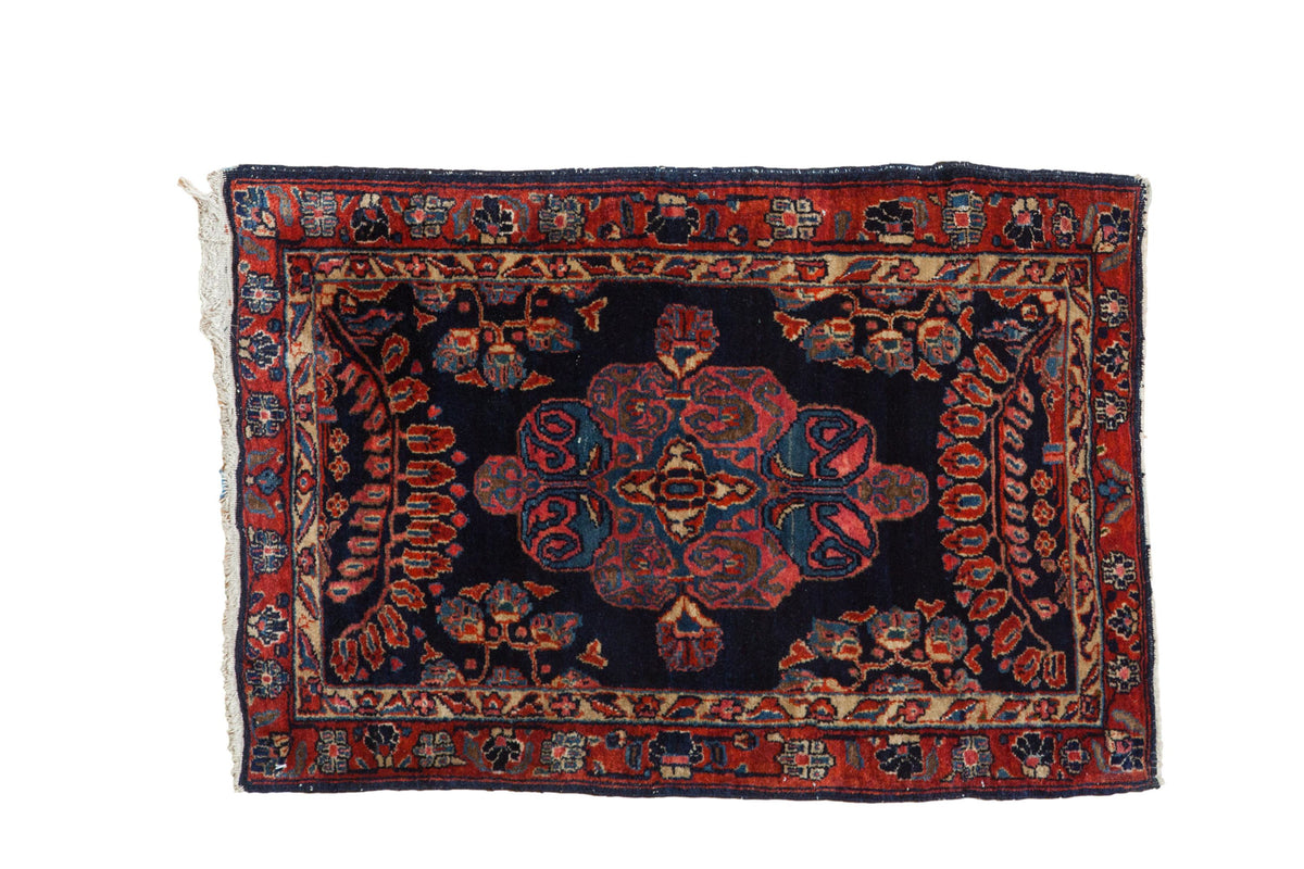 Antique Persian Mohajeran Sarouk rug, navy field, arabesque medallion, red borders, unique natural design. 2'x3'.