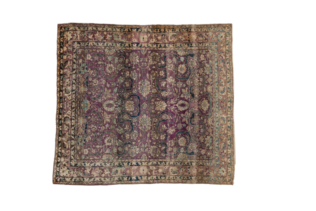 Antique silk Mohtashem Kashan square rug, rich aubergine field, powder blue, ivory palmettes. 2'11" x 3'3".