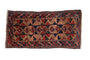 Hand-knotted Belouch rug, geometric palmettes, serpent border in camel, navy, brick red.