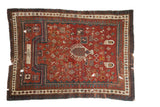 Unique Antique Kazak rug with chestnut red prayer motif, geometric designs, 3'11