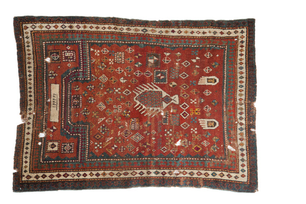 Unique Antique Kazak rug with chestnut red prayer motif, geometric designs, 3'11" X 5'4".