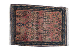 Antique Farahan Sarouk rug mat with faded raspberry field, allover stylized floral vines, and navy border.
