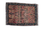 Antique Farahan Sarouk rug mat with faded raspberry field, allover stylized floral vines, and navy border.