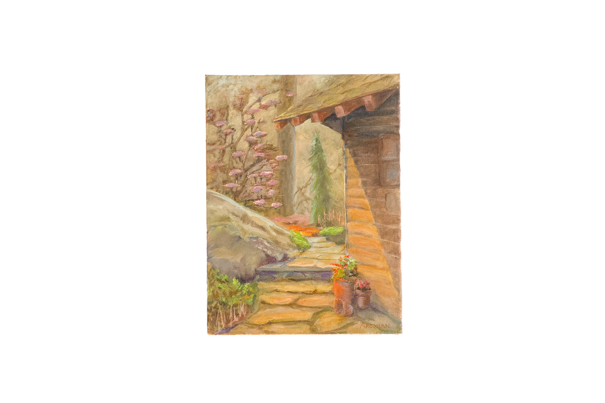 Dianne Aronian original oil painting of a garden walkway, with stone path and pink blossoms.