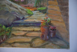 Dianne Aronian's signature on the contemporary garden painting with colorful potted plants.