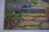 Green foliage and textured canvas at the bottom left of the Aronian painting.