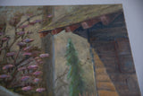 Textured Dianne Aronian oil painting with rustic roof, green tree, and purple blossoms.
