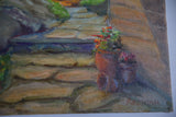 Dianne Aronian's signature beneath vibrant red and green potted flowers on canvas.