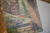 Textured canvas and oil paint brushwork of Dianne Aronian's garden pathway.