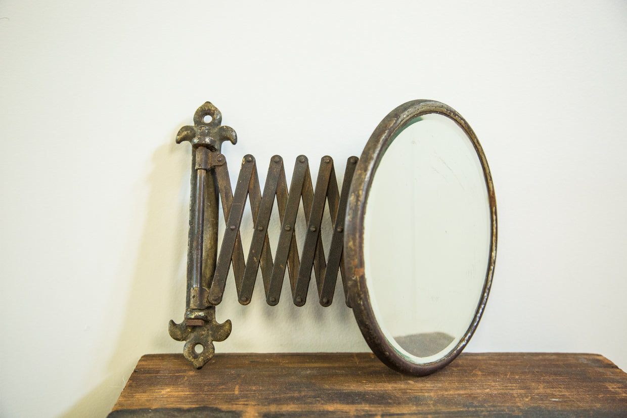 Antique Beveled Glass Fleur de Lis Accordion Shaving Mirror // ONH Item 1948